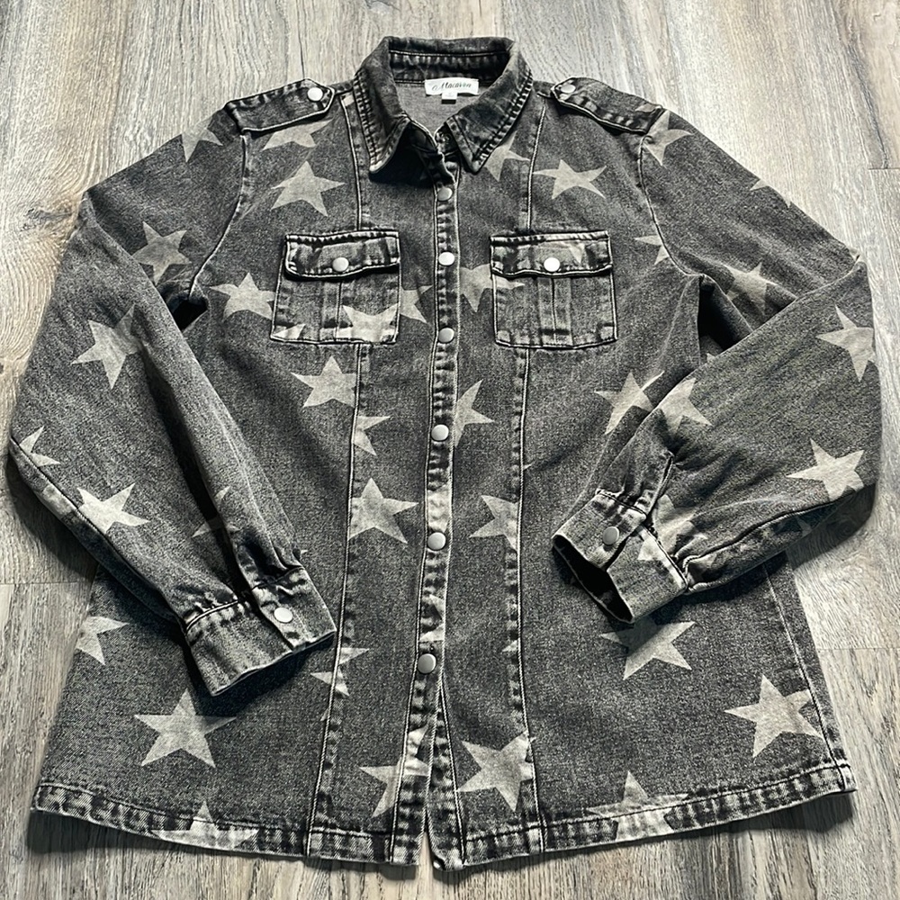 Macaron Women’s Oversized Denim Jacket, black with white stars, size small